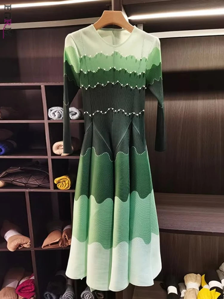 Color Block Beaded Long Sleeve Viral Bouncy Dress