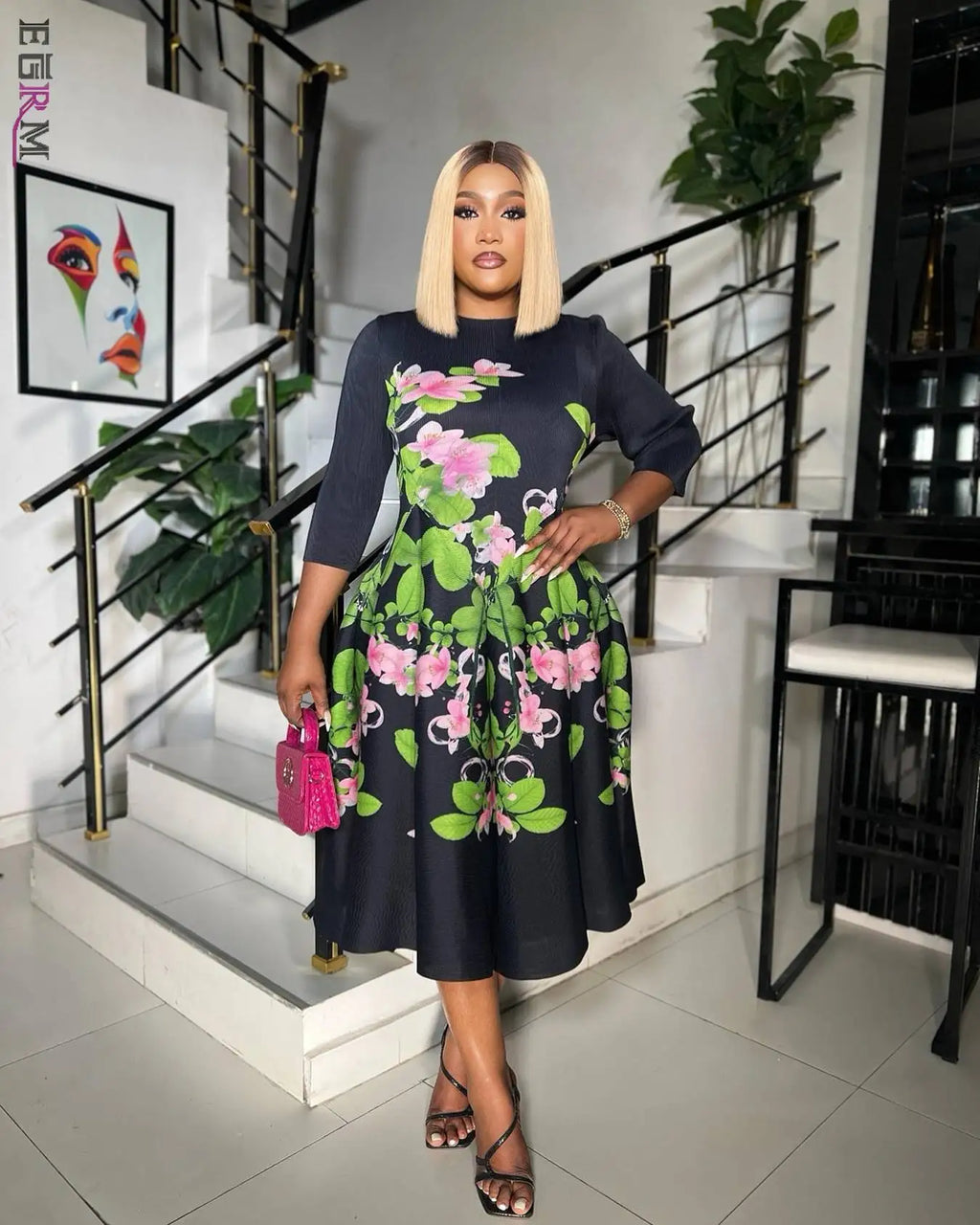 Floral Pattern Three Quarter Sleeve Viral Bouncy Dress