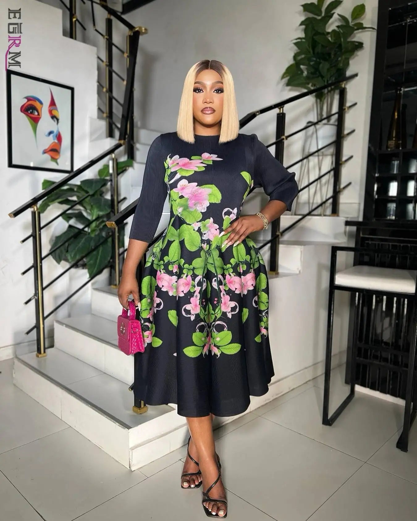 Floral Pattern Three Quarter Sleeve Viral Bouncy Dress