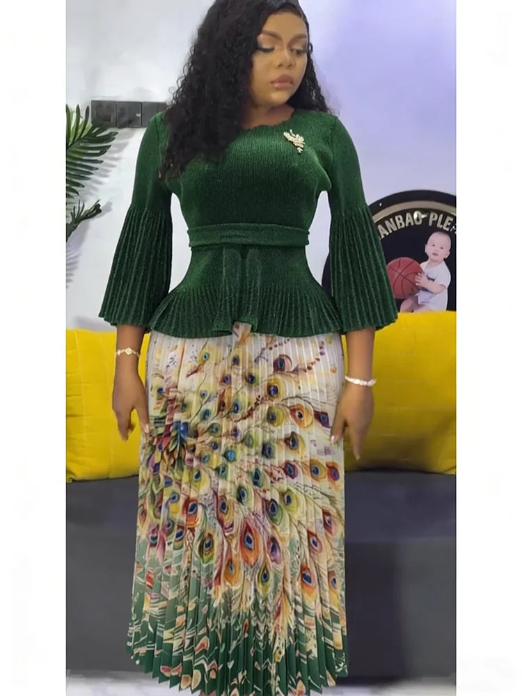 Viral Bouncy Two Piece Skirt Set - Solid Top + Printed Skirt