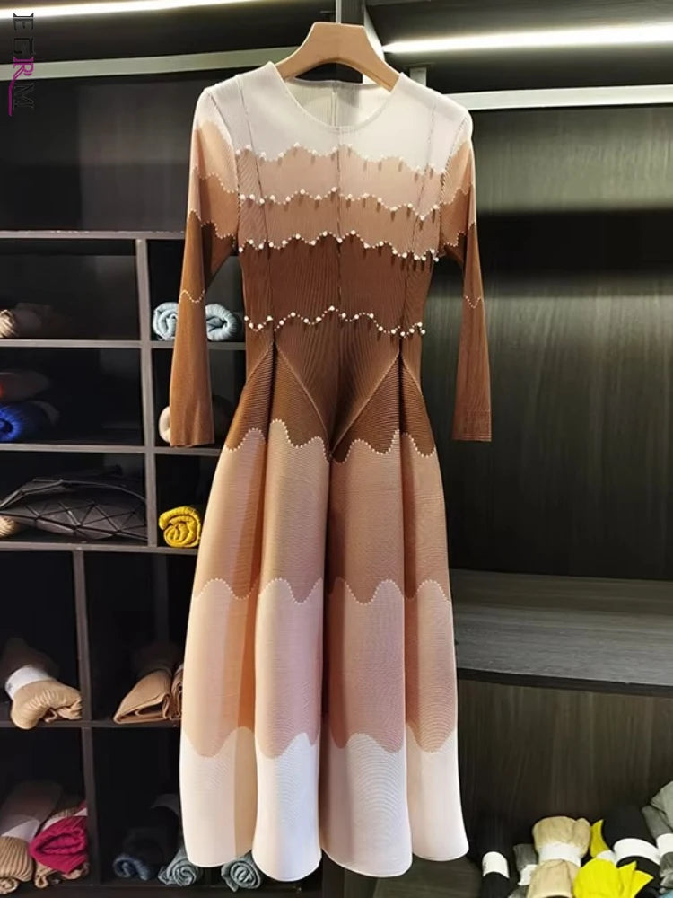 Color Block Beaded Long Sleeve Viral Bouncy Dress
