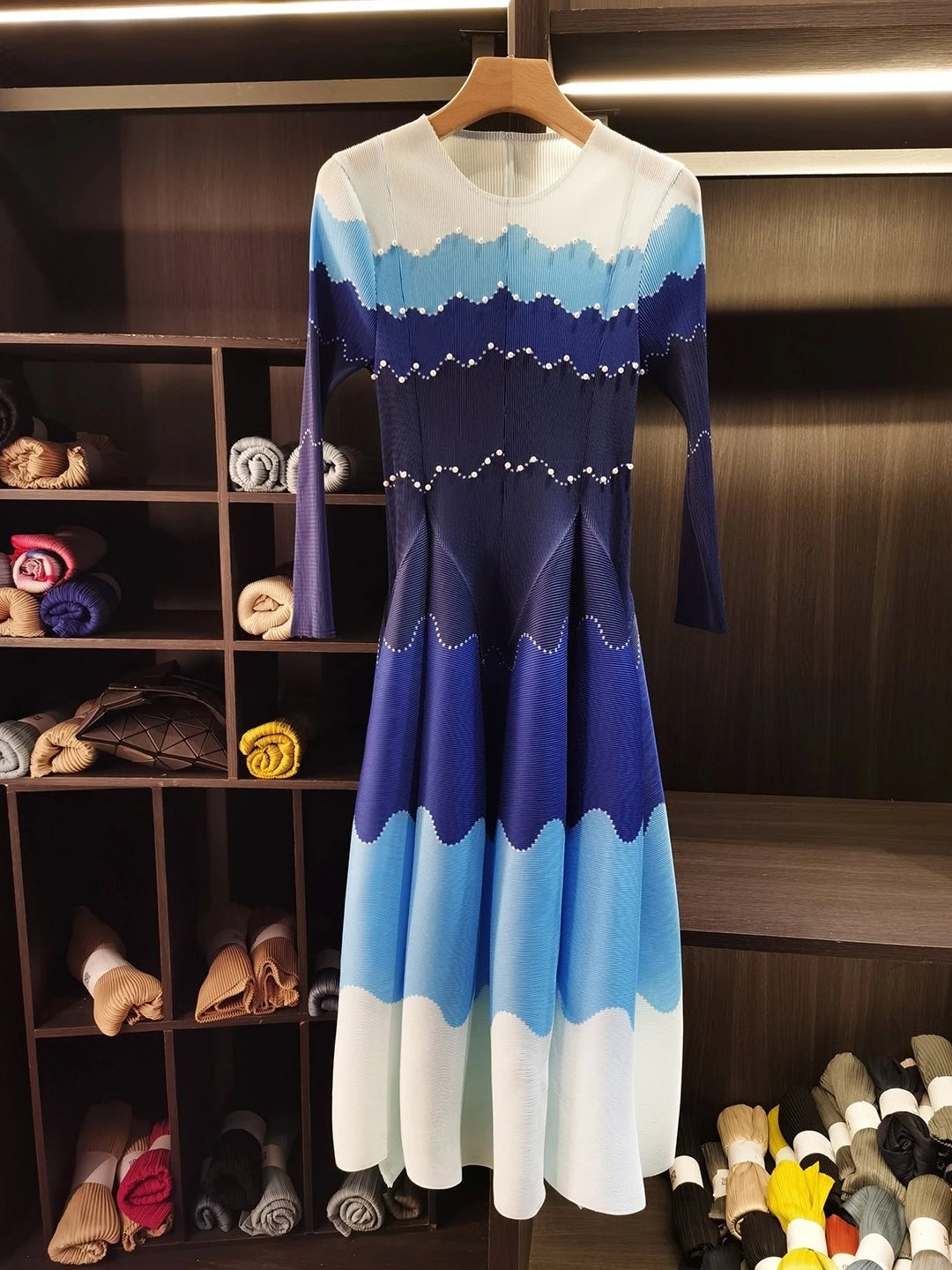 Color Block Beaded Long Sleeve Viral Bouncy Dress