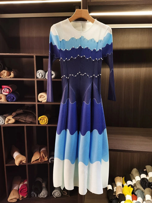 Color Block Beaded Long Sleeve Viral Bouncy Dress