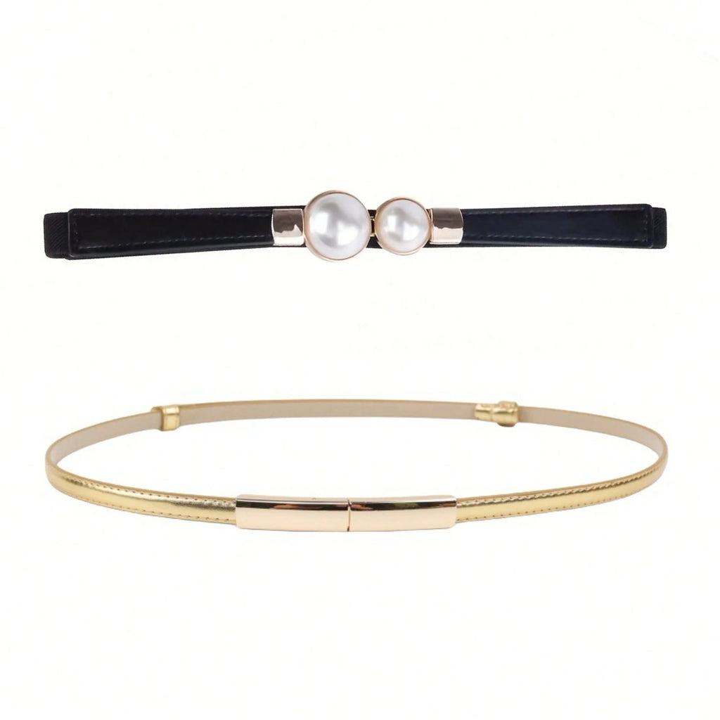 Elegant Double Pearls Buckle Elastic Women Belts Thin Straps Lady Girl Dress Skirt Decor Waistbands Trouser Decoration GM113