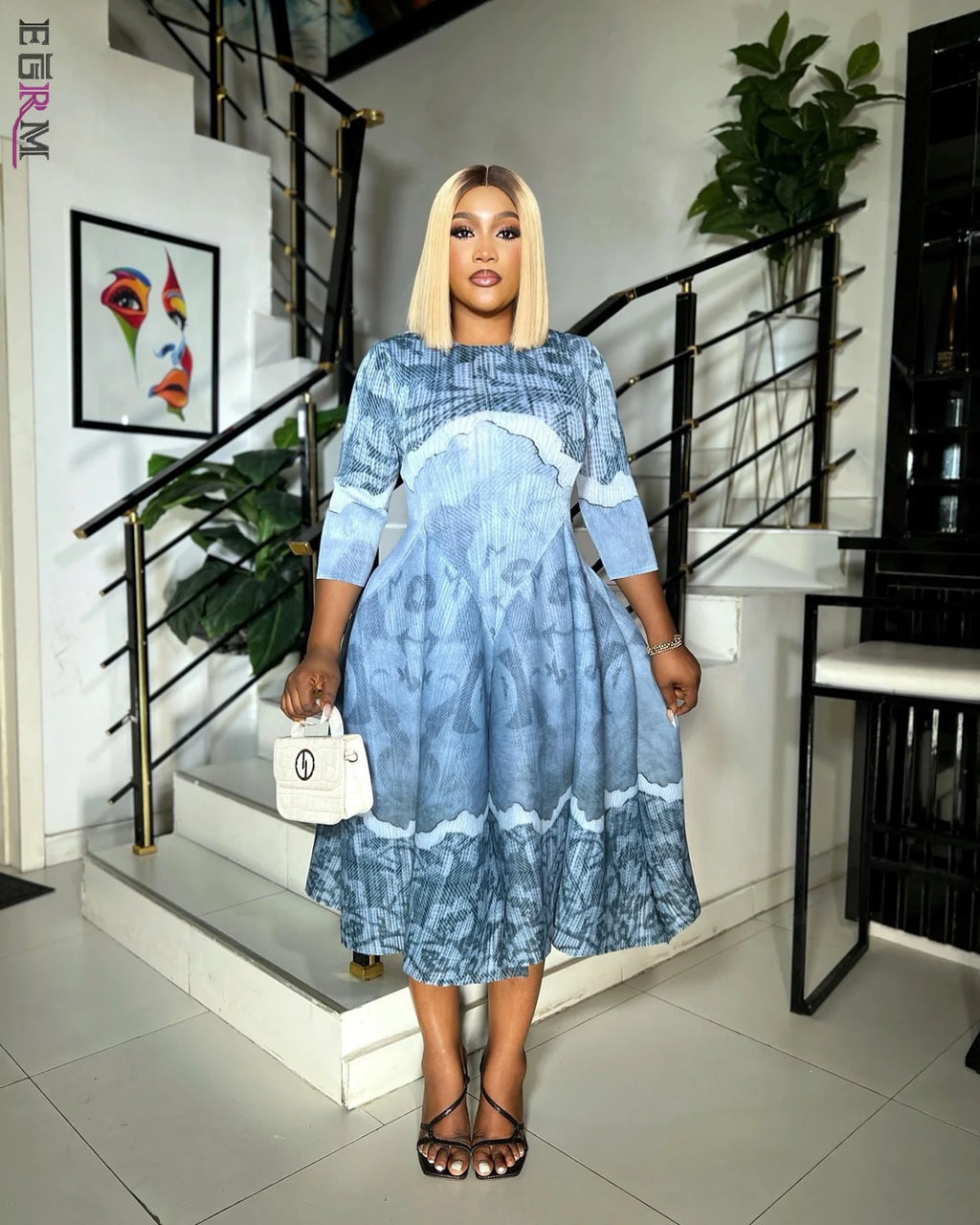 Floral Pattern Three Quarter Sleeve Viral Bouncy Dress