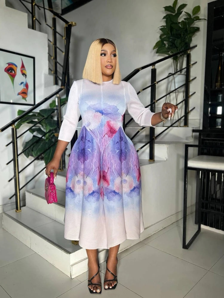 Floral Pattern Three Quarter Sleeve Viral Bouncy Dress