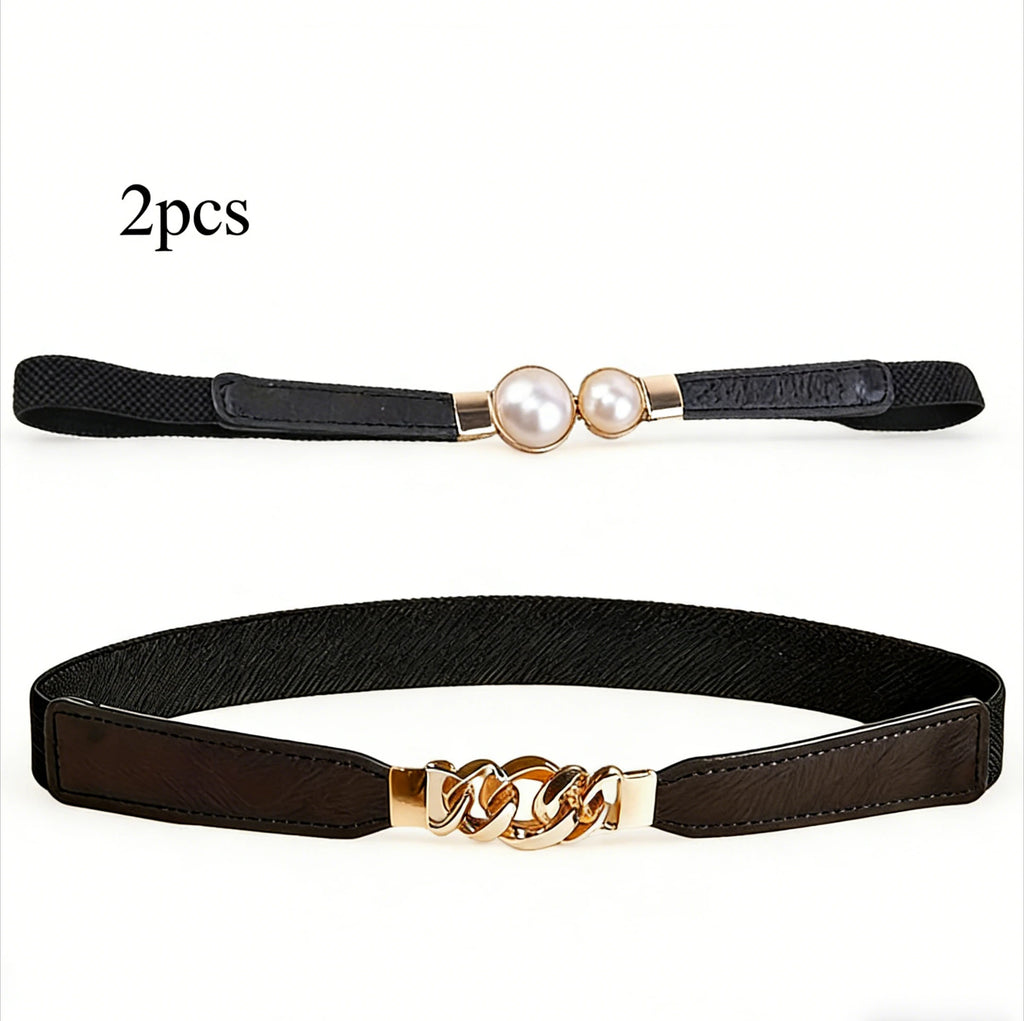 Elegant Double Pearls Buckle Elastic Women Belts Thin Straps Lady Girl Dress Skirt Decor Waistbands Trouser Decoration GM113