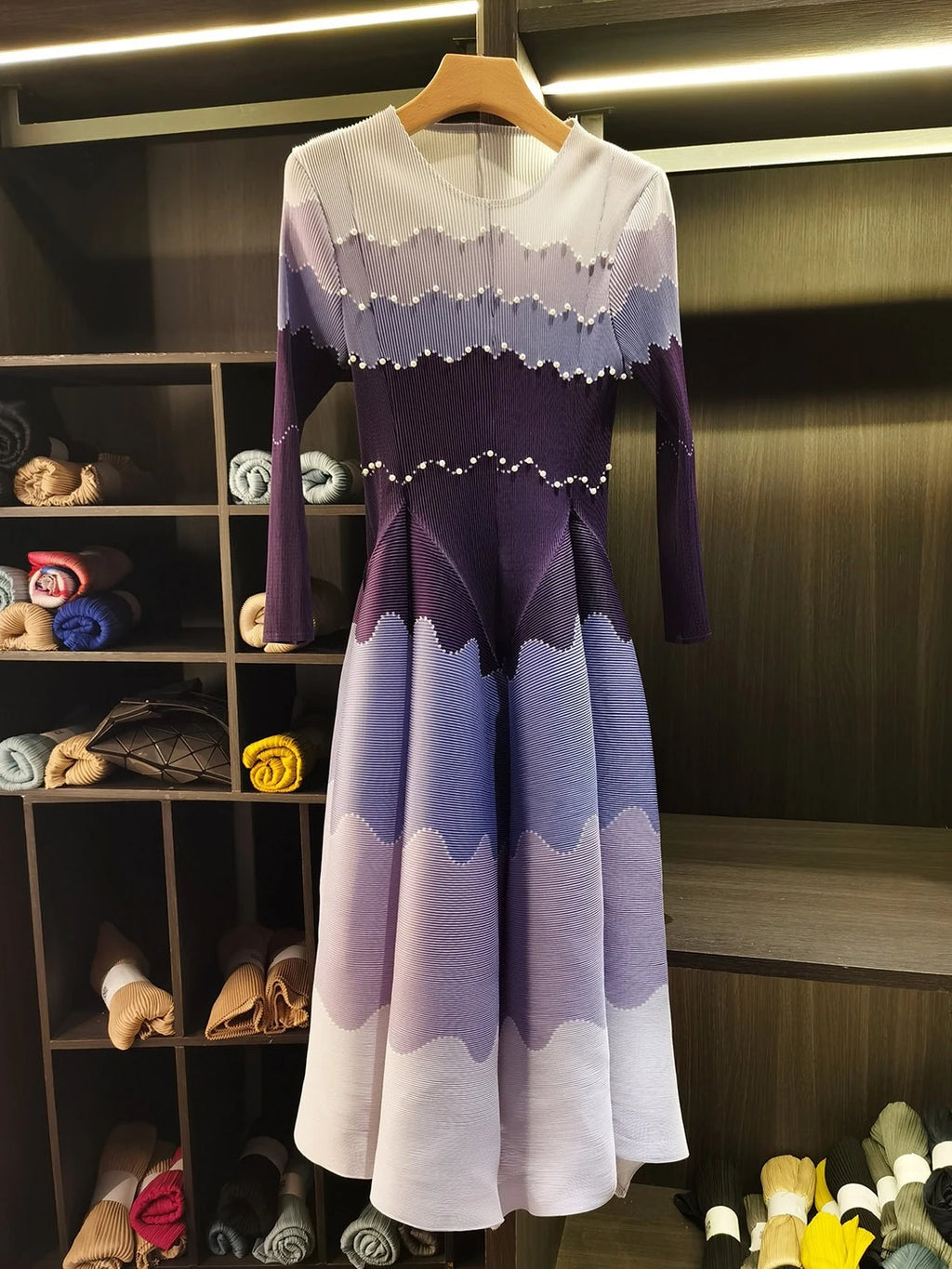 Color Block Beaded Long Sleeve Viral Bouncy Dress