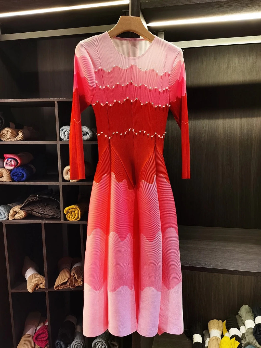 Color Block Beaded Long Sleeve Viral Bouncy Dress