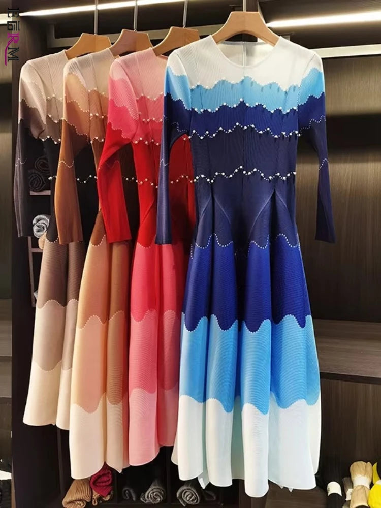 Color Block Beaded Long Sleeve Viral Bouncy Dress