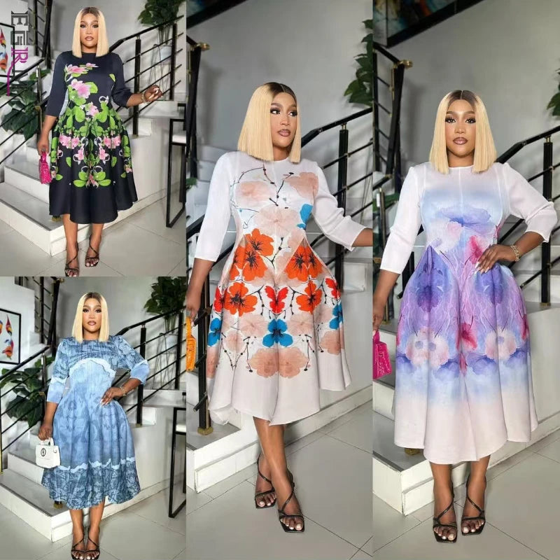 Floral Pattern Three Quarter Sleeve Viral Bouncy Dress