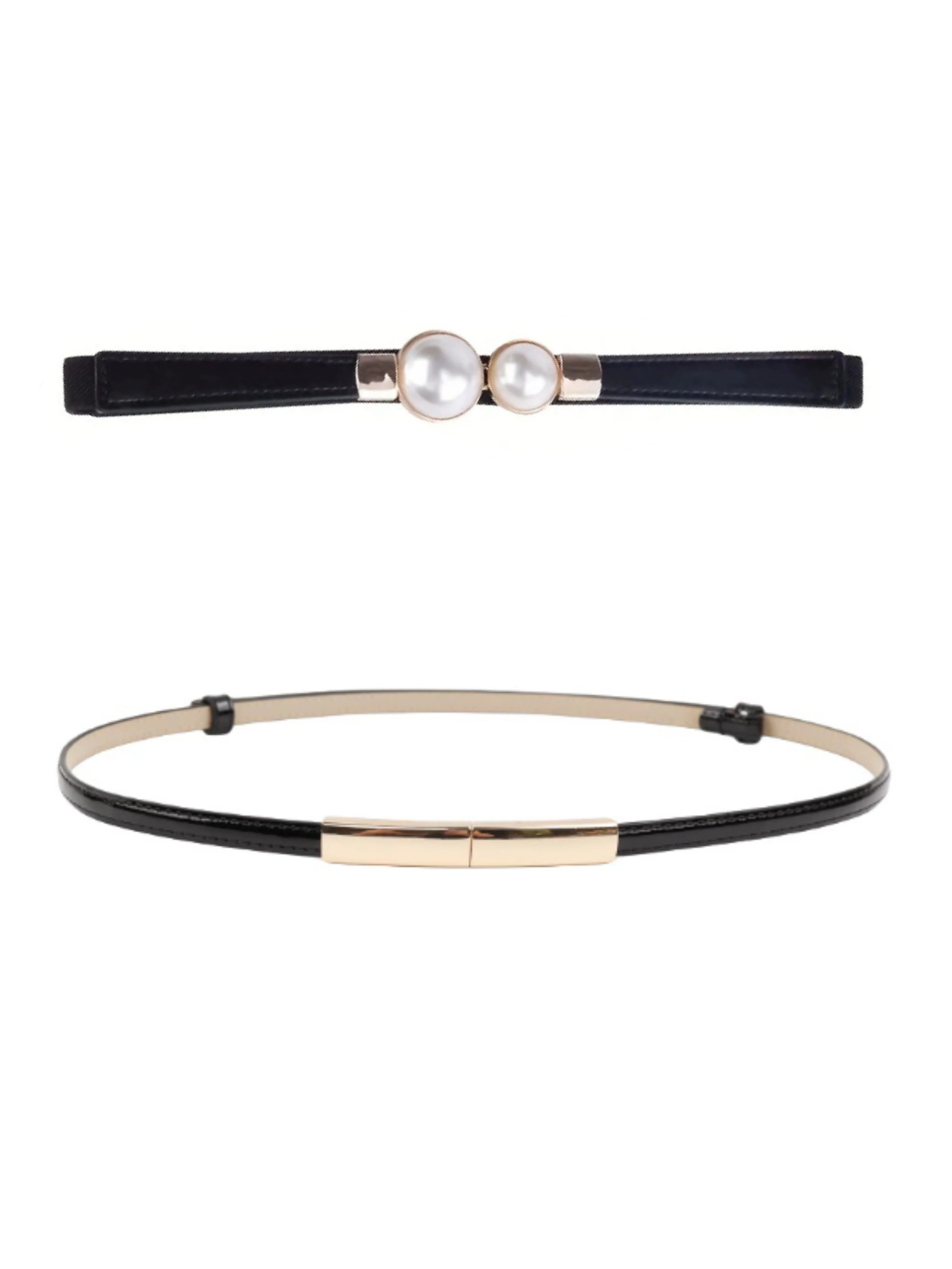 Elegant Double Pearls Buckle Elastic Women Belts Thin Straps Lady Girl Dress Skirt Decor Waistbands Trouser Decoration GM113