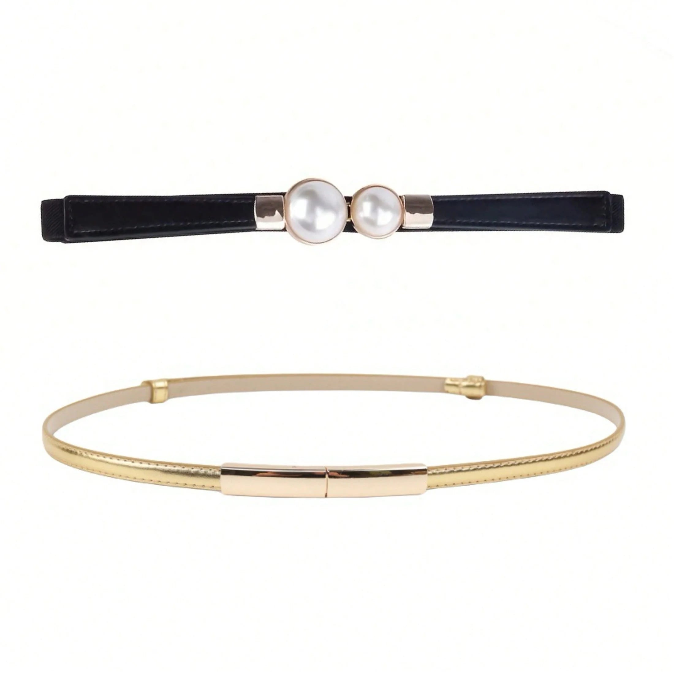 Elegant Double Pearls Buckle Elastic Women Belts Thin Straps Lady Girl Dress Skirt Decor Waistbands Trouser Decoration GM113